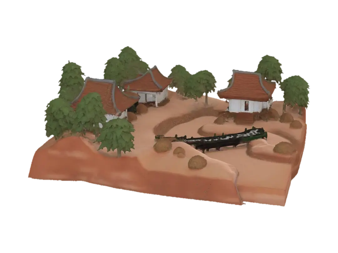 isometric aerial view, sparse traditional Javanese village, low-poly stylized 3D,… - Coconut 3D model, vytvořený pomocí AI