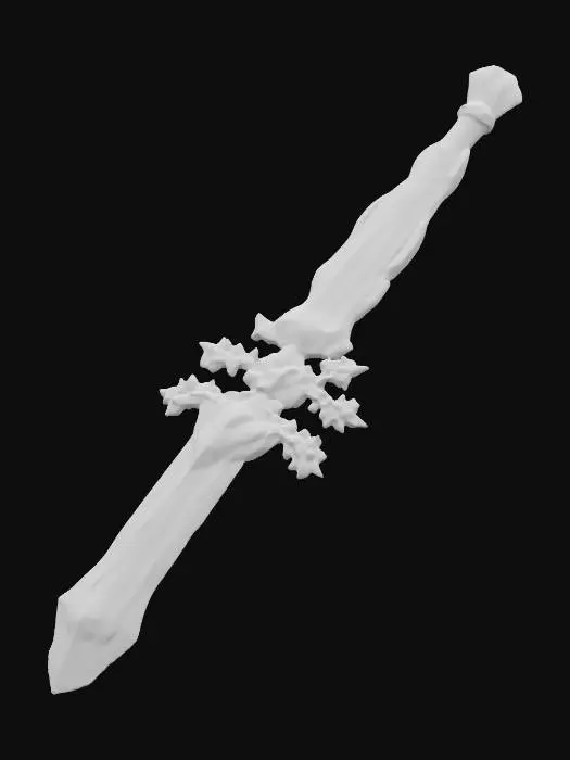 3D model for A high-quality 3D model of a glacial magical sword that manipulates absolute zero cold. The blade is made from ancient ice harvested from thousand-year-old glaciers, never melting and instantly freezing anything it touches. Frost crystals constantly form on its surface, drastically lowering surrounding temperatures just by proximity. The entire sword emits a blue-white cold light, with freezing winds and ice crystals dancing in the air when swung. The handle is adorned with frozen silver decorations, covered with a mysterious insulating material that prevents the wielder from feeling its coldness. The guard has the shape of a complex snowflake with tiny ice particles constantly scattering from it. scabbard is made of material with layered blue and white patterns reminiscent of ice caves