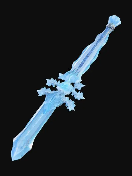 3D model for A high-quality 3D model of a glacial magical sword that manipulates absolute zero cold. The blade is made from ancient ice harvested from thousand-year-old glaciers, never melting and instantly freezing anything it touches. Frost crystals constantly form on its surface, drastically lowering surrounding temperatures just by proximity. The entire sword emits a blue-white cold light, with freezing winds and ice crystals dancing in the air when swung. The handle is adorned with frozen silver decorations, covered with a mysterious insulating material that prevents the wielder from feeling its coldness. The guard has the shape of a complex snowflake with tiny ice particles constantly scattering from it. scabbard is made of material with layered blue and white patterns reminiscent of ice caves