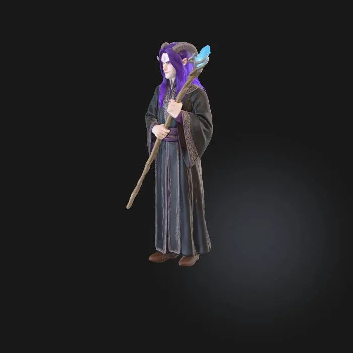 3D model for Tiefling de sexo masculino
 DnD 5ta edición, 165cms de estatura, 50 kilos, hechicero, con un báculo mágico. Pelo largo y morado, piel caucásica, ojos violeta y una gema plateada en la frente.