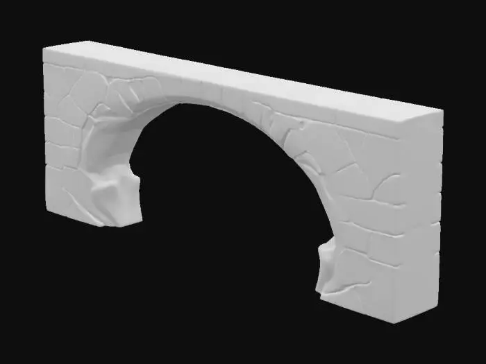 3D model for A floating stylized La Défense arch made of cracked concrete and twisted steel, partially eroded and overtaken by abstract waves and rising water forms – solid geometric base with rough organic water shapes interlacing – glowing blue veins symbolizing melting glaciers – no background, sharp silhouette, minimal fine detail, #arch#