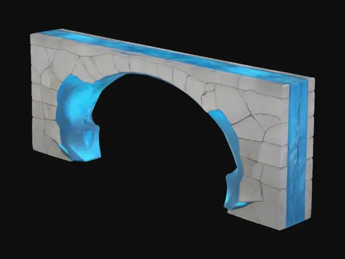 3D model for A floating stylized La Défense arch made of cracked concrete and twisted steel, partially eroded and overtaken by abstract waves and rising water forms – solid geometric base with rough organic water shapes interlacing – glowing blue veins symbolizing melting glaciers – no background, sharp silhouette, minimal fine detail, #arch#