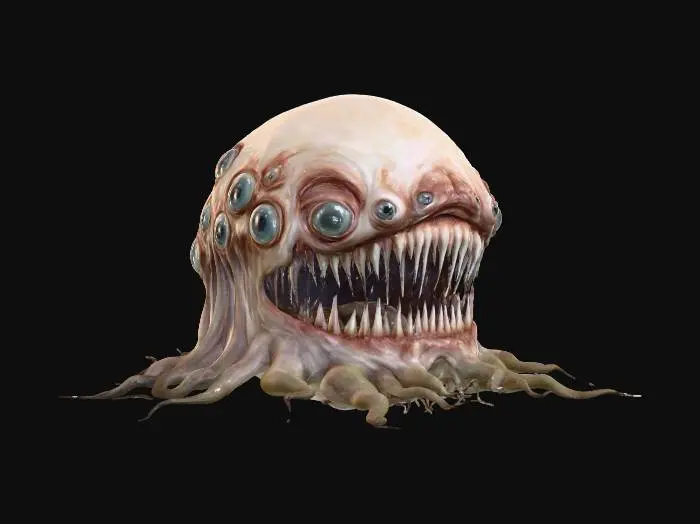 3D model for Winter Maw Awakening, fleshy pulp, many brown eyes, red gnawing teeth, skin like leather, #Halloween2025#