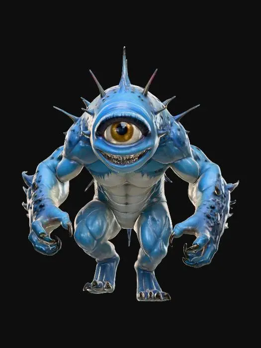 3D model for Forest Cyclops Creature, #Halloween2025# blue skin, red eyes,  happy, scary, detailed textures, leathery
