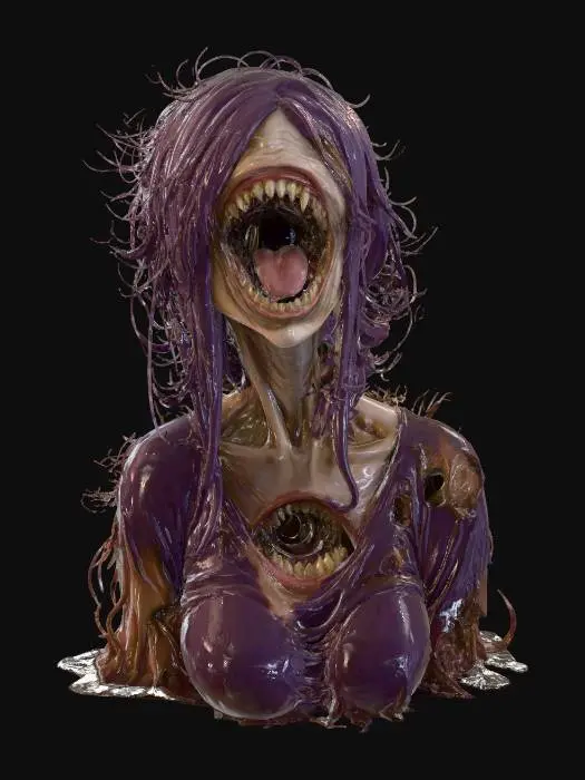 3D model for Ethereal Nightmare, no eyes, purple clothes, big mouth instead of face, masterpiece, mouth hole in chest, purple hair, saw like teeth, #Halloween2025#