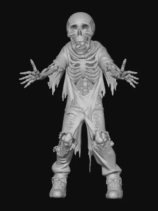 3D model for Skeleton Style, red shoes, white bony texture, jeans, dark eyes with red dots, black t-shirt with a hole, masterpiece, happy, #Halloween2025#