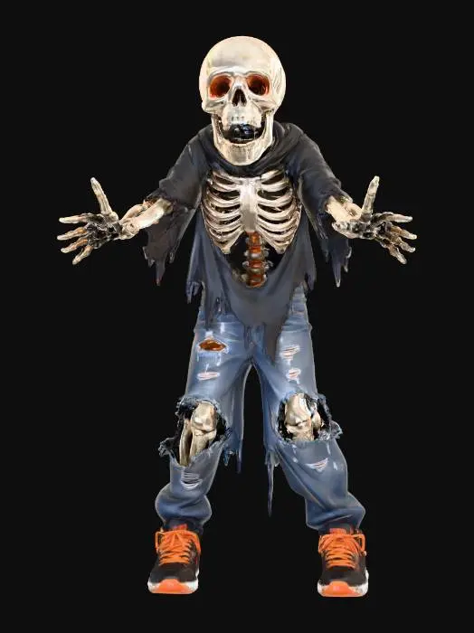 3D model for Skeleton Style, red shoes, white bony texture, jeans, dark eyes with red dots, black t-shirt with a hole, masterpiece, happy, #Halloween2025#