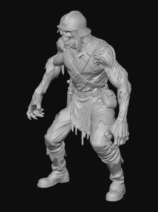 3D model for Bloodbound Zombie Soldier, ragged clothing, reddish skin, yellow glowing eyes, metal helmet, dark brown boots, knife on holster, muscular #Halloween2025#