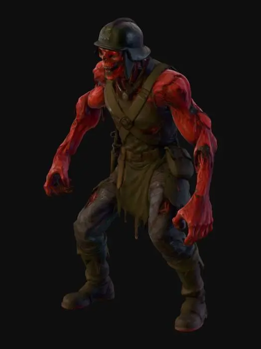 3D model for Bloodbound Zombie Soldier, ragged clothing, reddish skin, yellow glowing eyes, metal helmet, dark brown boots, knife on holster, muscular #Halloween2025#