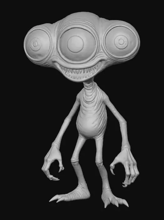 3D model for Forest Watcher, green veiny skin, large blue eyes, raggedy teeth, dark nails, veiny eyeballs, #Halloween2025#