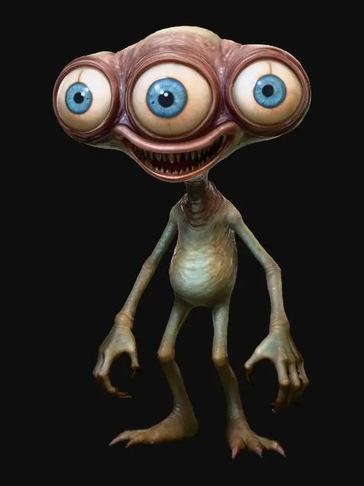 3D model for Forest Watcher, green veiny skin, large blue eyes, raggedy teeth, dark nails, veiny eyeballs, #Halloween2025#