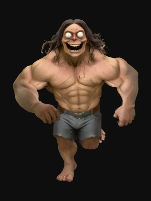 3D model for The Grinning Colossus, normal skin, dark brown hair, tanned, blue pants, grinning, big eyes with black big pupils, no eyelids #Halloween2025#