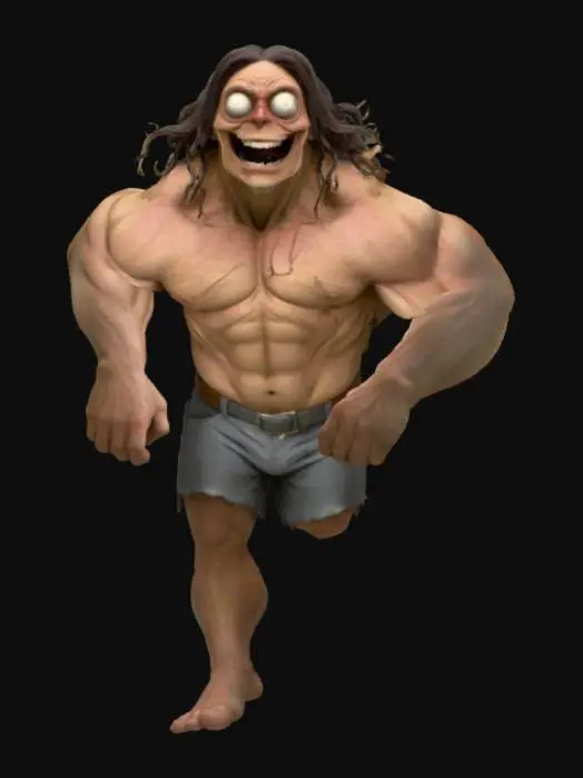3D model for The Grinning Colossus, normal skin, dark brown hair, tanned, blue pants, grinning, big eyes with black big pupils, no eyelids #Halloween2025#