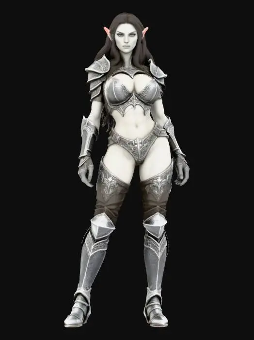 3D model for Elven Warrior Princess, dark skin, metal armor, leather fine detail, smooth skin, black hair, dark eyes