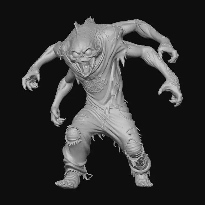 3D model for Forest Predator, torn red shirt, blue and purple skin, red eyes, torn pants, red claws, four arms, leathery skin, #Halloween2025#