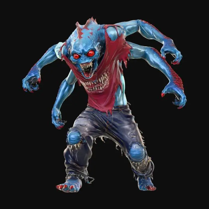3D model for Forest Predator, torn red shirt, blue and purple skin, red eyes, torn pants, red claws, four arms, leathery skin, #Halloween2025#