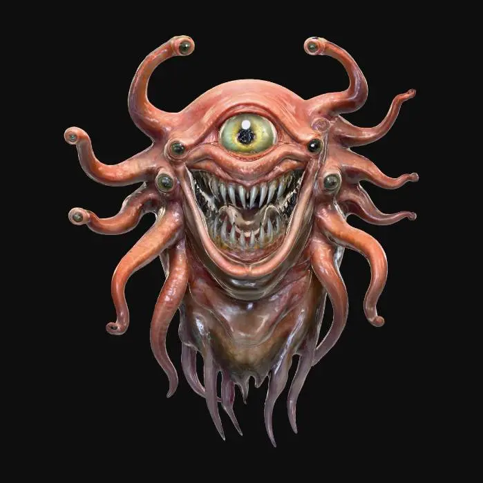 3D model for Cyclopean Terror, red leathery skin, red iris, massive mouth, sharp teeth, tencacles, slimy, #Halloween2025#