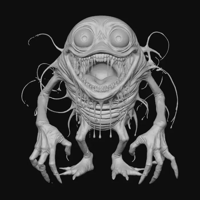 3D model for Gleeful Abomination, slimy pale pink skin, clear blue iris, creamy eye balls, grinning mouth, long arms, drooling, hands reddish, #Halloween2025#,