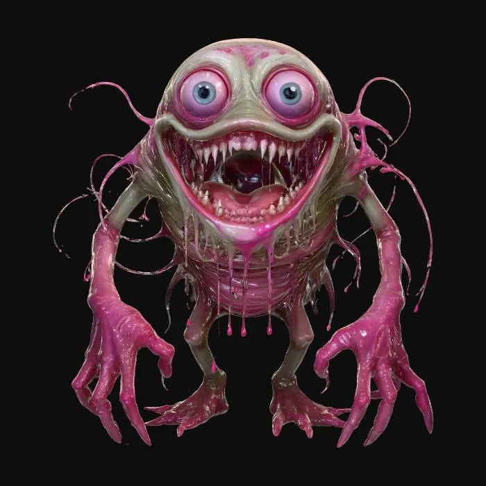 3D model for Gleeful Abomination, slimy pale pink skin, clear blue iris, creamy eye balls, grinning mouth, long arms, drooling, hands reddish, #Halloween2025#,