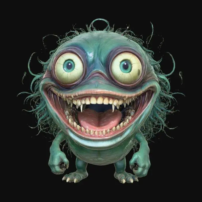 3D model for Slobberchomp, happy, bluegreen skin, blue irises, happy, short legs and arms,, #Halloween2025#