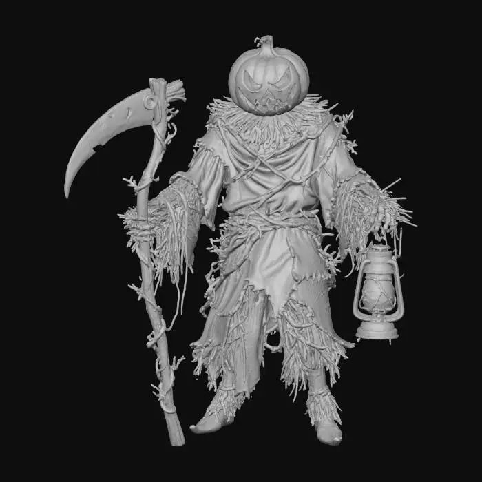 3D model for Pumpkin Reaper, Samhain, hay body, lantern, jute clothes, rusty scythe with wooden handle, yellow glow from eyes and mouth, #Halloween2025#