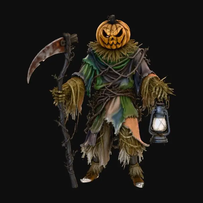 3D model for Pumpkin Reaper, Samhain, hay body, lantern, jute clothes, rusty scythe with wooden handle, yellow glow from eyes and mouth, #Halloween2025#
