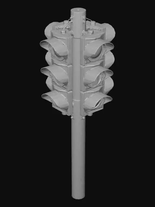 3D model for Realistic 3D model of a modern traffic light, mounted on a metal pole. The traffic light has three circular lenses: red on top, yellow in the middle, and green at the bottom. Each lens is made of translucent red, amber, and green glass or plastic with a slightly frosted surface. The housing is black or dark gray, made of durable weather-resistant metal with visible screws and a slight industrial design. The pole is cylindrical, about 3 meters tall, with a matte finish and subtle surface scratches for realism. Include ambient occlusion, PBR materials (metallic, roughness, normal maps), and clean topology suitable for real-time rendering or 3D printing.