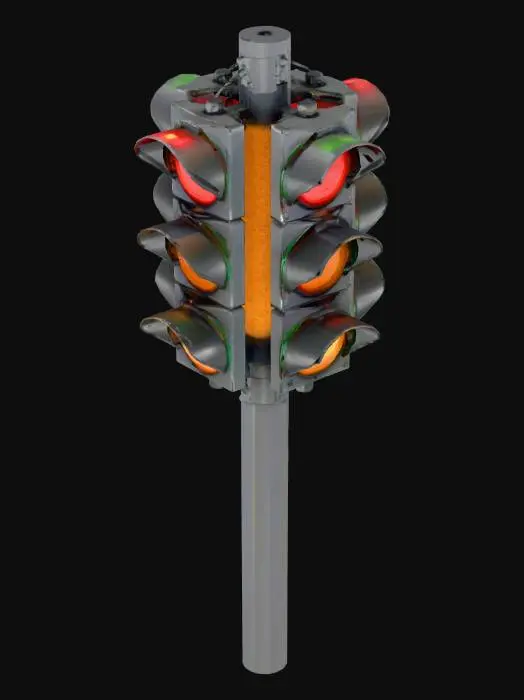 3D model for Realistic 3D model of a modern traffic light, mounted on a metal pole. The traffic light has three circular lenses: red on top, yellow in the middle, and green at the bottom. Each lens is made of translucent red, amber, and green glass or plastic with a slightly frosted surface. The housing is black or dark gray, made of durable weather-resistant metal with visible screws and a slight industrial design. The pole is cylindrical, about 3 meters tall, with a matte finish and subtle surface scratches for realism. Include ambient occlusion, PBR materials (metallic, roughness, normal maps), and clean topology suitable for real-time rendering or 3D printing.