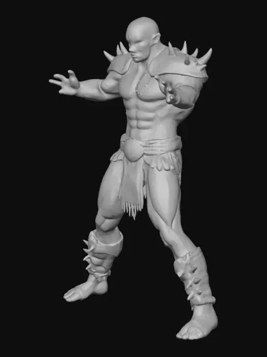 3D model for muscular and brutal, with green skin, scars, and tribal war paint. Wearing rugged, spiked armor and tattered cloth, wielding a massive jagged axe. Fierce glowing red eyes, snarling with sharp teeth, battle-ready stance on a war-torn sci-fi battlefield. Dark and gritty atmosphere, smoke and sparks flying, cinematic lighting, highly detailed, realistic textures