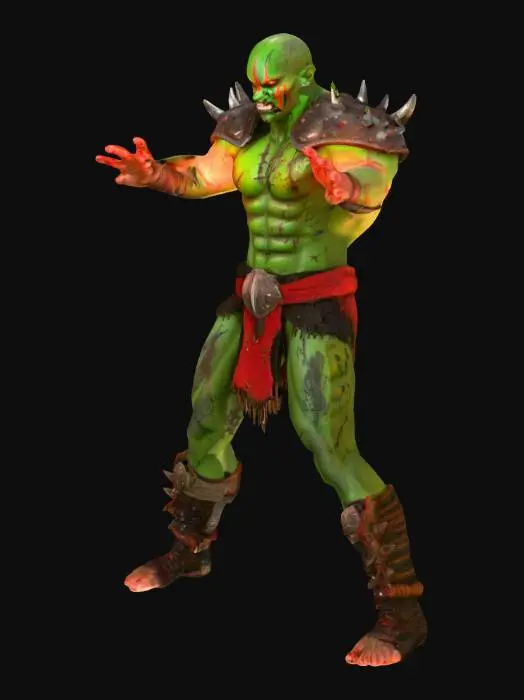 3D model for muscular and brutal, with green skin, scars, and tribal war paint. Wearing rugged, spiked armor and tattered cloth, wielding a massive jagged axe. Fierce glowing red eyes, snarling with sharp teeth, battle-ready stance on a war-torn sci-fi battlefield. Dark and gritty atmosphere, smoke and sparks flying, cinematic lighting, highly detailed, realistic textures