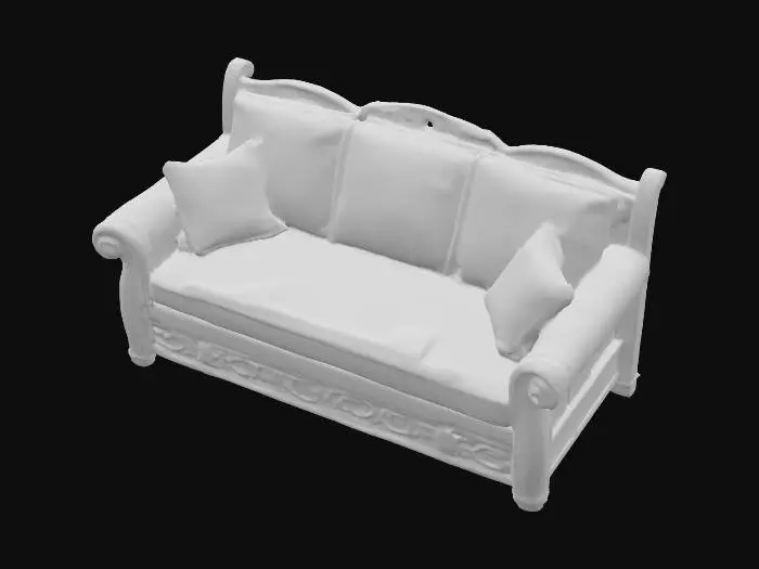 3D model for a rustic couch enough to seat 3 with cottagecore patched fabric seats and dark wood frame
