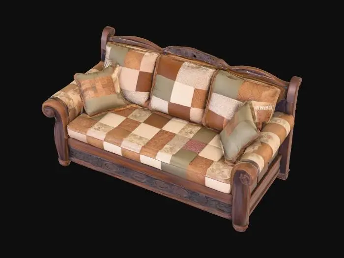 3D model for a rustic couch enough to seat 3 with cottagecore patched fabric seats and dark wood frame