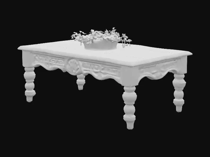 3D model for a rustic coffee table with a small planter in the center and dark wood materials in a cottagecore style