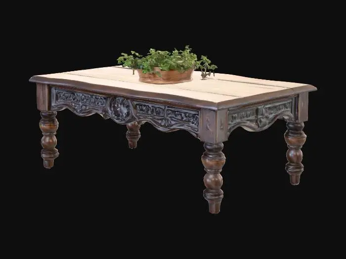 3D model for a rustic coffee table with a small planter in the center and dark wood materials in a cottagecore style