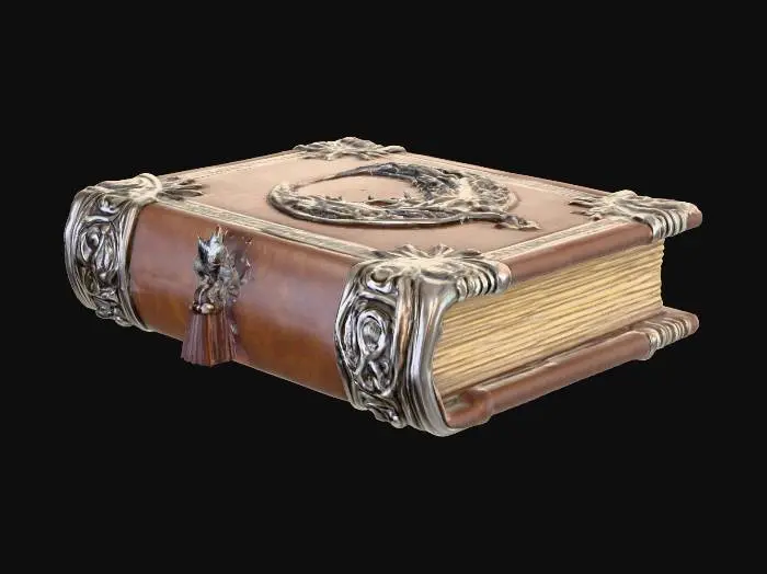 3D model for A Fantasy Evil Book, the cover is made of leather and silver, vintage, fantasy, 4k, Highly Detailed, Ultra Realistic, Medieval Game Assets