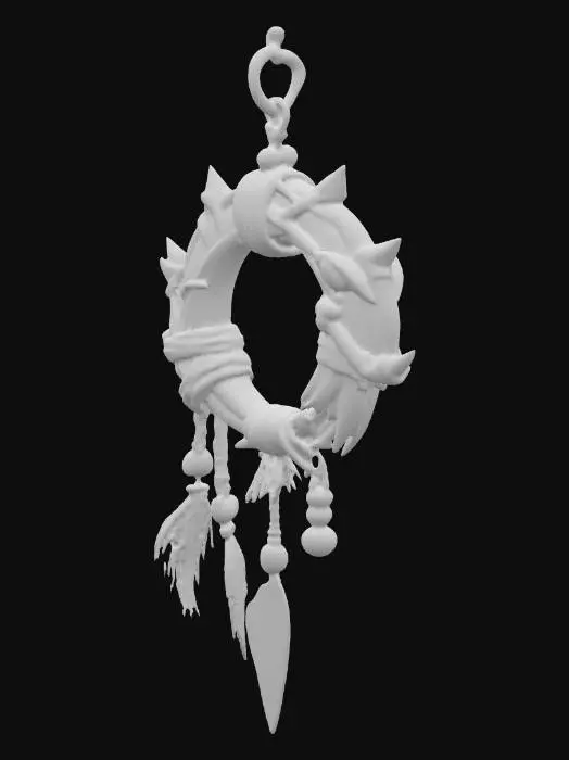 3D model for A grotesque tribal goblin earring infused with shamanic energy and gothic undertones, crafted from twisted bone and tarnished bronze, shaped into a cruel crescent hook that pierces the ear. From it dangles a small shard of cracked obsidian wrapped in sinew cords, adorned with tiny teeth, feathers, and beads stained with ritual dyes. Dark runes are etched faintly into the metal, pulsing with a sickly green glow, giving the impression of necromantic power. The design feels both tribal and occult, merging primitive craftsmanship with a sinister aura of undeath. The textures are rough, worn, and ancient, exuding mysticism and decay, designed in a semi-realistic 3D stylized style, fully detailed for 3D modeling and animation workflows.