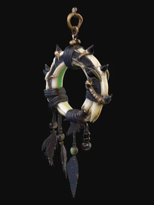 3D model for A grotesque tribal goblin earring infused with shamanic energy and gothic undertones, crafted from twisted bone and tarnished bronze, shaped into a cruel crescent hook that pierces the ear. From it dangles a small shard of cracked obsidian wrapped in sinew cords, adorned with tiny teeth, feathers, and beads stained with ritual dyes. Dark runes are etched faintly into the metal, pulsing with a sickly green glow, giving the impression of necromantic power. The design feels both tribal and occult, merging primitive craftsmanship with a sinister aura of undeath. The textures are rough, worn, and ancient, exuding mysticism and decay, designed in a semi-realistic 3D stylized style, fully detailed for 3D modeling and animation workflows.