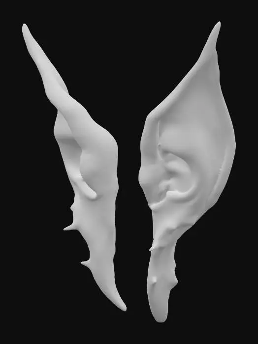 3D model for A pair of standalone ears designed as a hybrid between elven grace and goblin ruggedness, crafted with elongated pointed tips that curve slightly upward like elves, yet with irregular ridges and a subtle rough texture reminiscent of goblin heritage. The skin is pale white, smooth but with faint veins and slight imperfections, giving a natural yet otherworldly look. The ears feel slightly asymmetrical, as though shaped by both beauty and corruption, blending delicate curves with raw, uneven edges. No head, no hair, no jewelry—only the isolated ears floating cleanly in space. The overall style is semi-realistic 3D stylized, with sharp anatomical detail and clear definition, ready for precise 3D modeling and animation workflows.