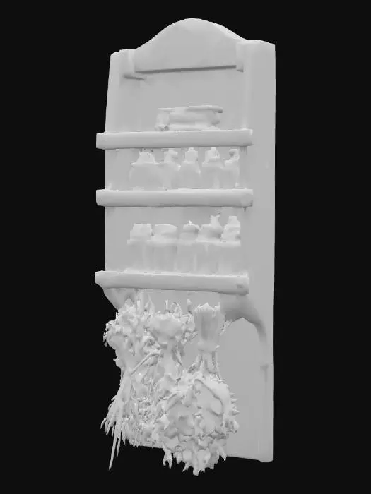 3D model for a rustic spice rack with herbs tied to the bottom drying, made of dark wood materials in a cottagecore style