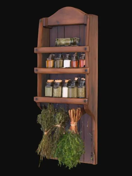 3D model for a rustic spice rack with herbs tied to the bottom drying, made of dark wood materials in a cottagecore style