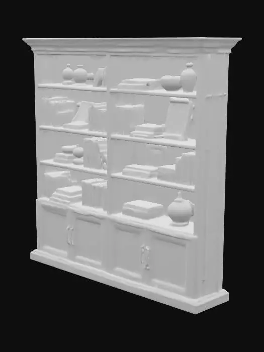3D model for bookshelf, cottagecore, low poly, world of warcraft, dark wood, Bronze accents