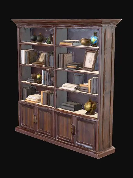 3D model for bookshelf, cottagecore, low poly, world of warcraft, dark wood, Bronze accents