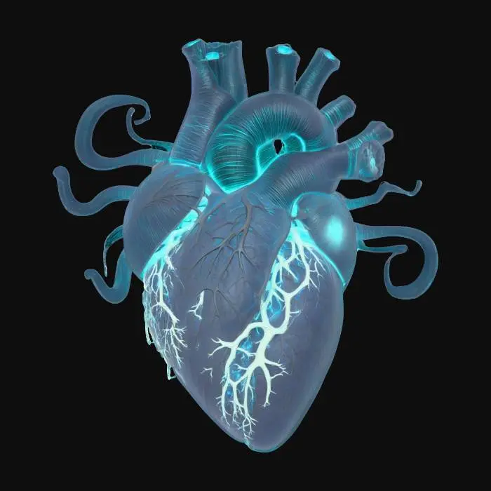 3D model for an undead heart powered by dark magics and glowing with a hellish glow from within, tentacles extend from this as if looking for a host.