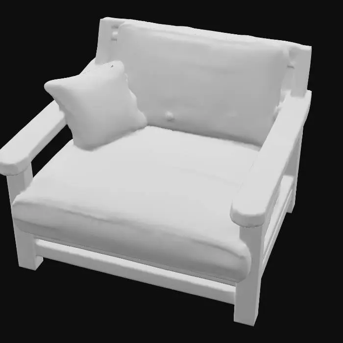 3D model for a rustic lounge chairt with cottagecore patched fabric seats and dark wood frame