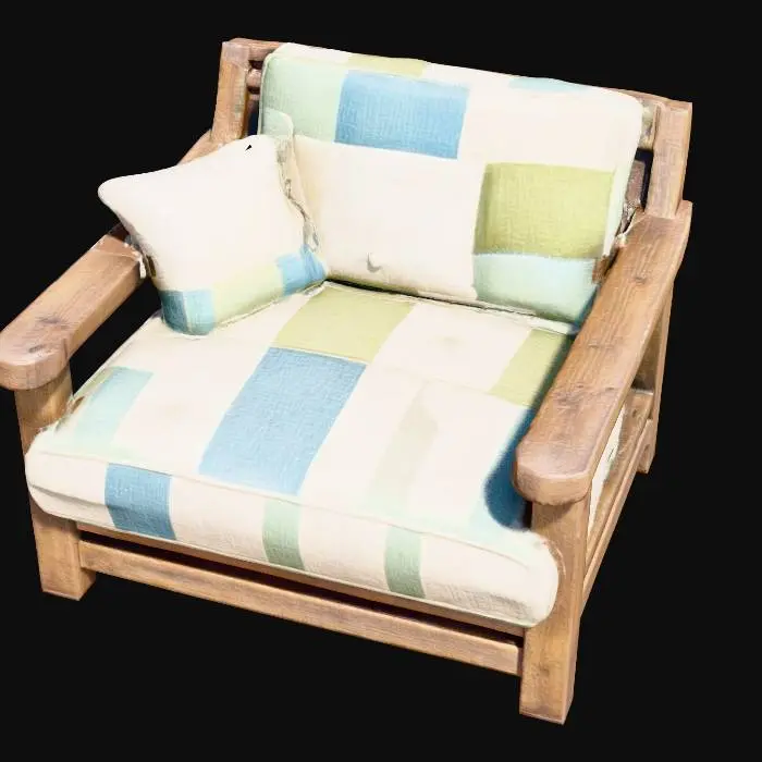 3D model for a rustic lounge chairt with cottagecore patched fabric seats and dark wood frame