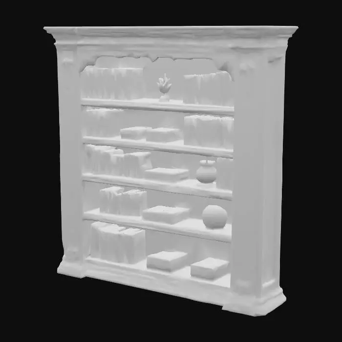 3D model for bookshelf, cottagecore, low poly, world of warcraft, dark wood, Bronze accents