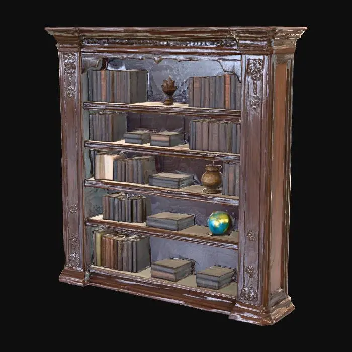 3D model for bookshelf, cottagecore, low poly, world of warcraft, dark wood, Bronze accents