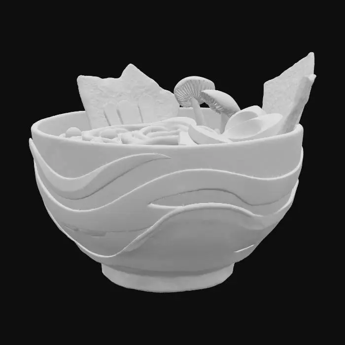 3D model for a bowl of ramen noodles with meat and veggies and some eggs and seaweed, but it's all bioluminescent and alien, high detail with a helluva boss style and star wars realism. #food#