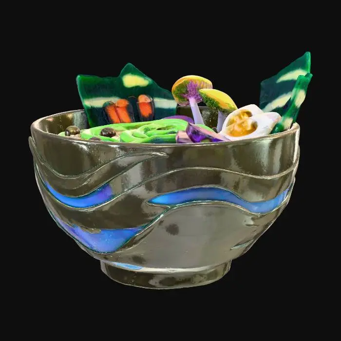 3D model for a bowl of ramen noodles with meat and veggies and some eggs and seaweed, but it's all bioluminescent and alien, high detail with a helluva boss style and star wars realism. #food#