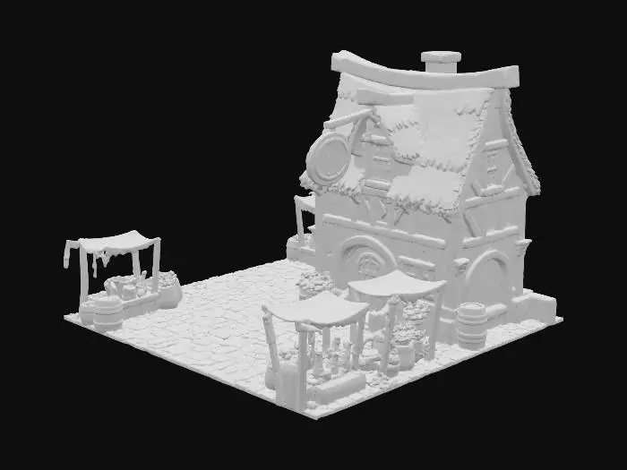 3D model for isometric role playing game scene, cobble stone bar and inn in a small town, gran blue relink style artwork, video game
